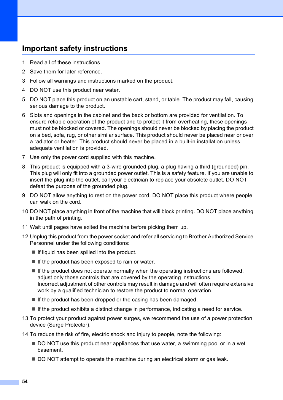 Important safety instructions | Brother DCP-165C User Manual | Page 62 / 111