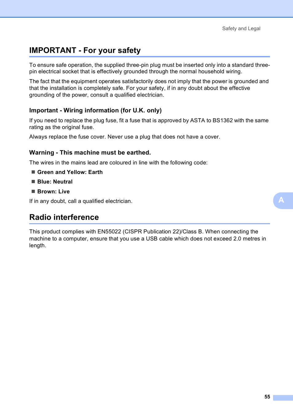 Important - for your safety, Radio interference, Important - for your safety radio interference | Aimportant - for your safety, Important - wiring information (for u.k. only), Warning - this machine must be earthed | Brother DCP-165C User Manual | Page 63 / 111