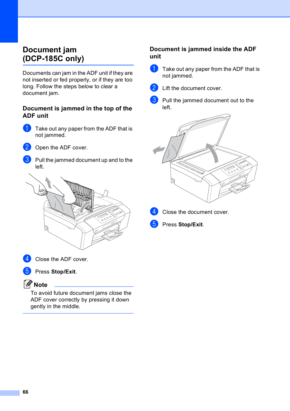 Document jam (dcp-185c only), Document is jammed in the top of the adf unit, Document is jammed inside the adf unit | Brother DCP-165C User Manual | Page 74 / 111