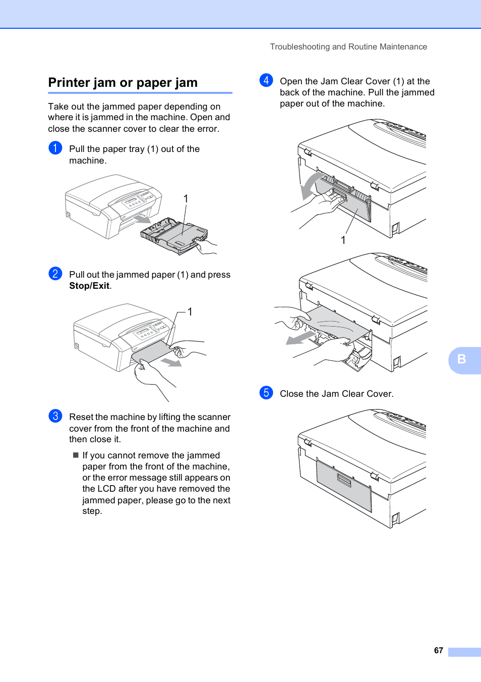 Printer jam or paper jam, Bprinter jam or paper jam | Brother DCP-165C User Manual | Page 75 / 111