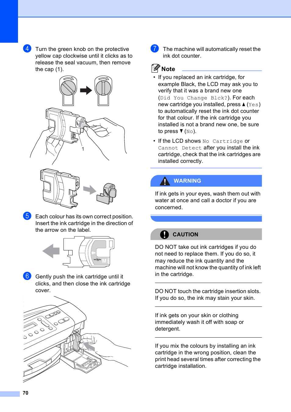 Warning, Caution | Brother DCP-165C User Manual | Page 78 / 111