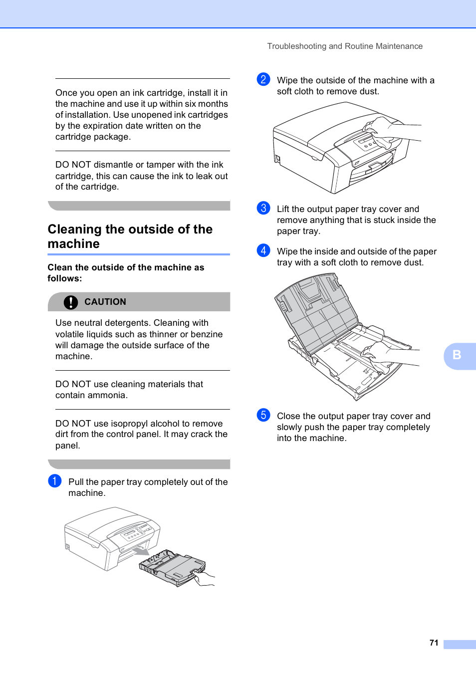 Cleaning the outside of the machine, Do not use cleaning materials that contain ammonia, Pull the paper tray completely out of the machine | Brother DCP-165C User Manual | Page 79 / 111