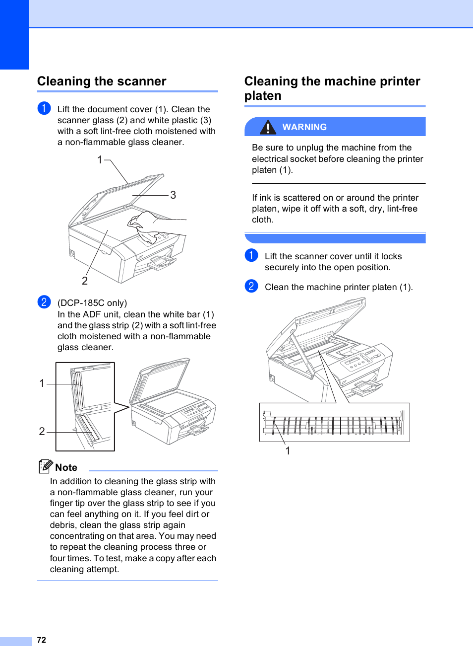 Cleaning the scanner, Cleaning the machine printer platen | Brother DCP-165C User Manual | Page 80 / 111