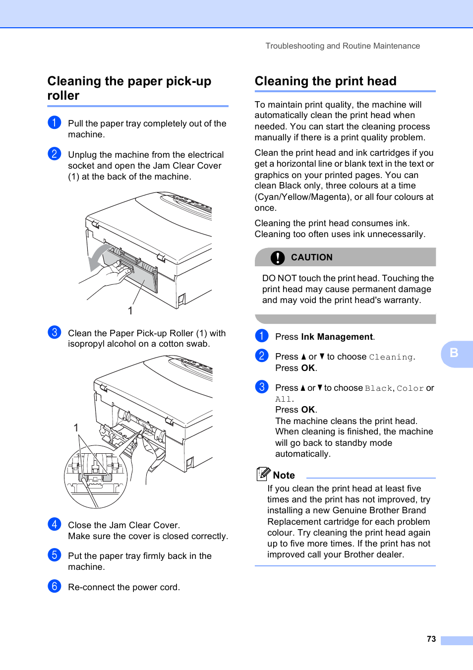 Cleaning the paper pick-up roller, Cleaning the print head, Bcleaning the paper pick-up roller | Brother DCP-165C User Manual | Page 81 / 111