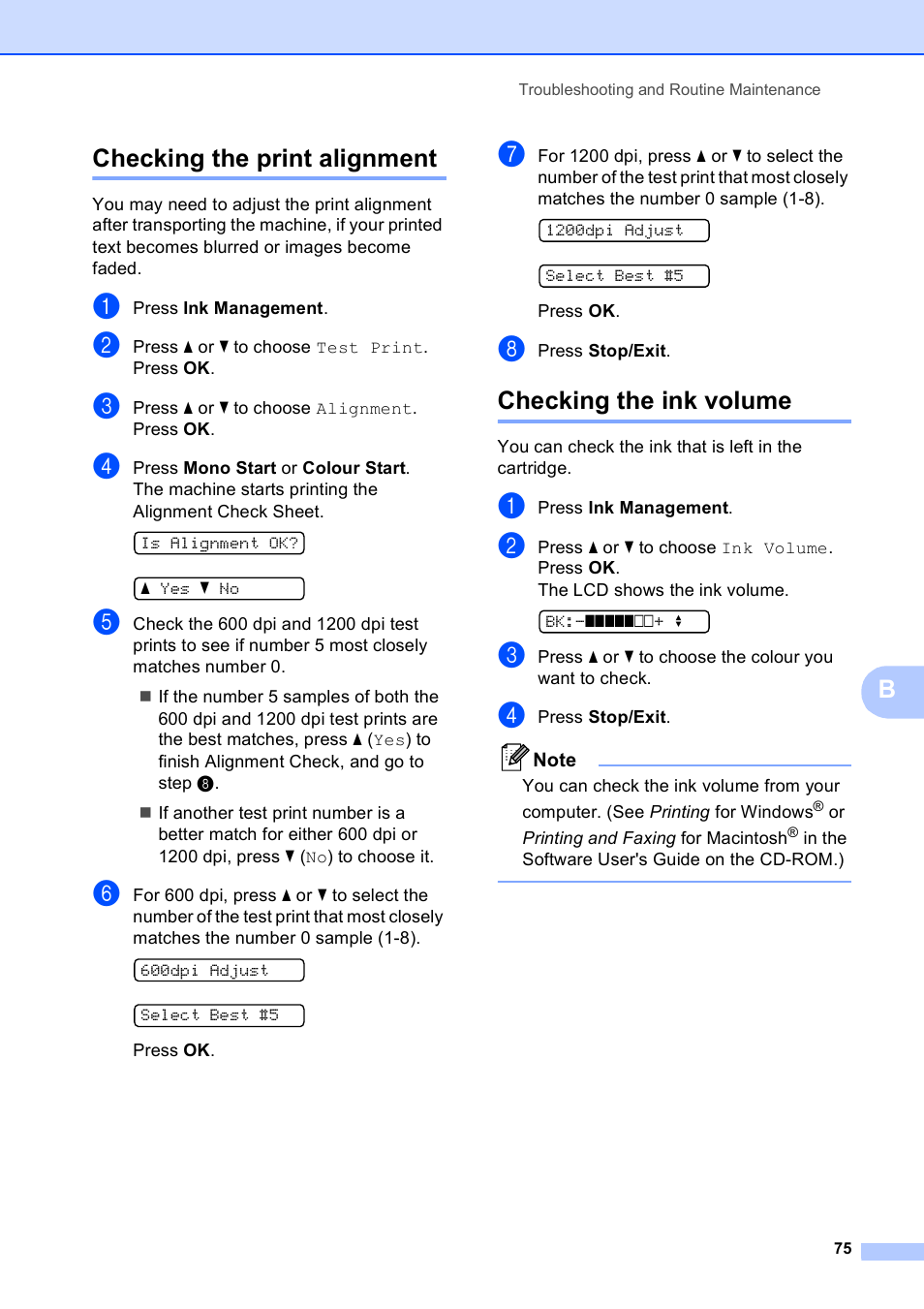 Checking the print alignment, Checking the ink volume, Bchecking the print alignment | Brother DCP-165C User Manual | Page 83 / 111