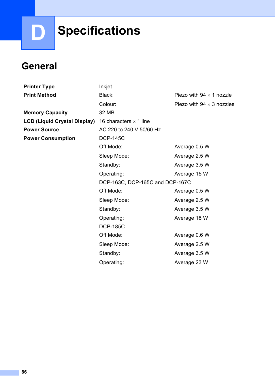 D specifications, General, Specifications | Brother DCP-165C User Manual | Page 94 / 111