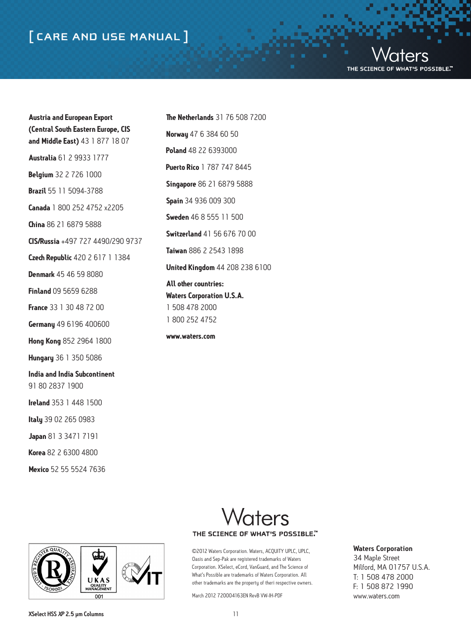 Care and use manual | Waters XSelect HSS XP 2.5 µm Columns User Manual | Page 11 / 11
