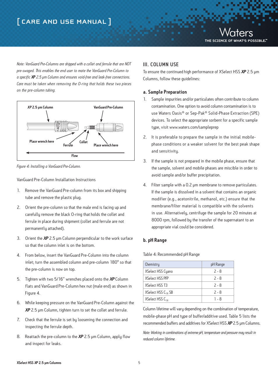 Care and use manual | Waters XSelect HSS XP 2.5 µm Columns User Manual | Page 5 / 11