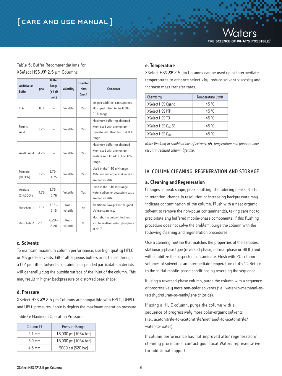 Care and use manual, C. solvents, D. pressure | E. temperature | Waters XSelect HSS XP 2.5 µm Columns User Manual | Page 6 / 11