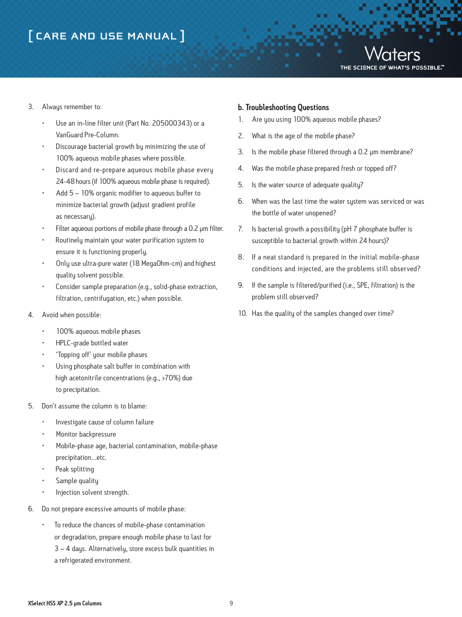 Care and use manual | Waters XSelect HSS XP 2.5 µm Columns User Manual | Page 9 / 11