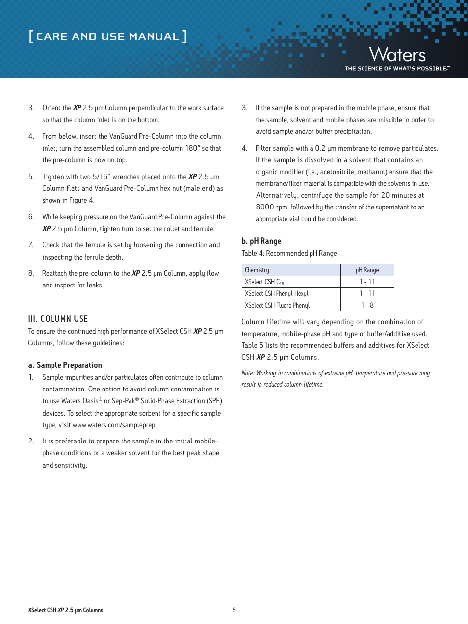 Care and use manual | Waters XSelect CSH XP 2.5 µm Columns User Manual | Page 5 / 11