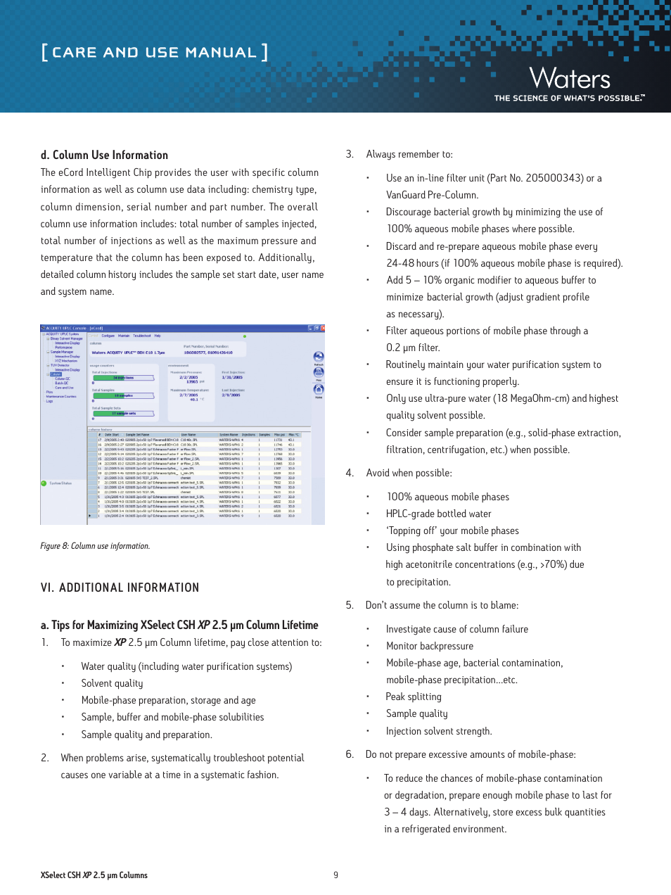 Care and use manual | Waters XSelect CSH XP 2.5 µm Columns User Manual | Page 9 / 11