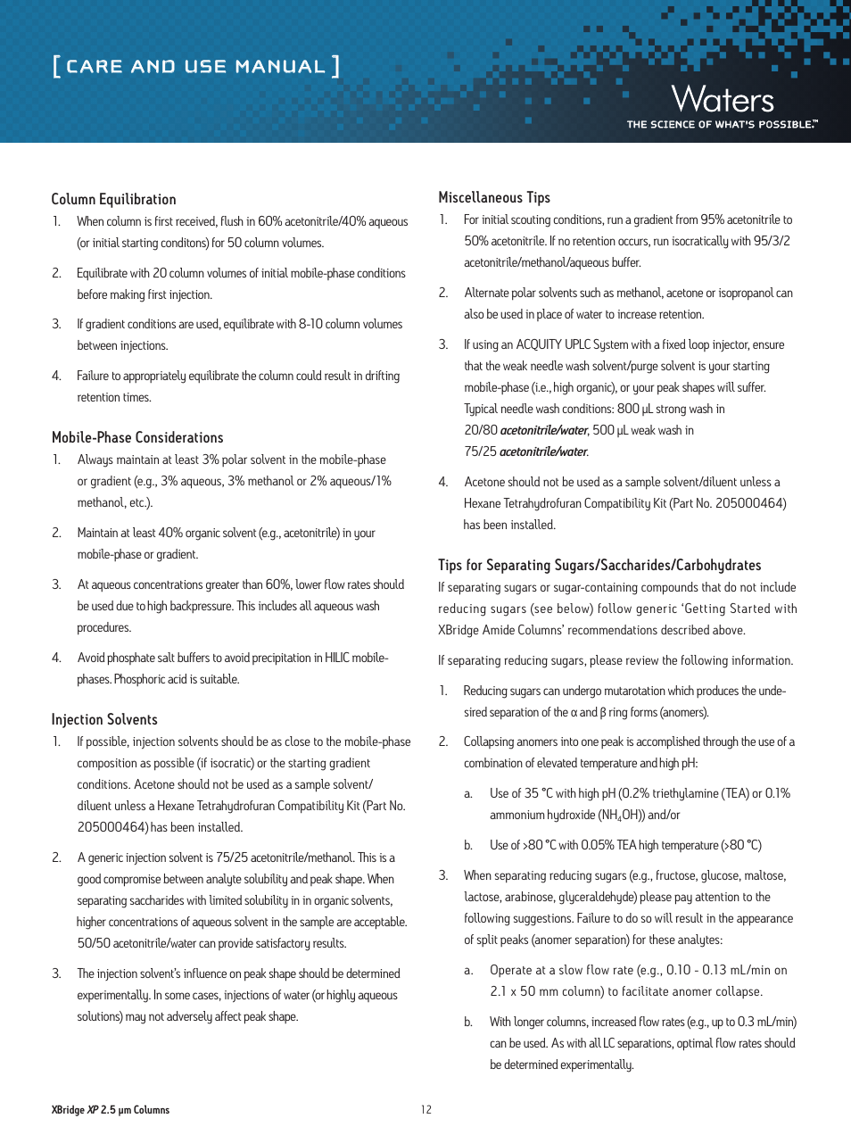 Care and use manual | Waters XBridge XP 2.5 µm Columns User Manual | Page 12 / 14