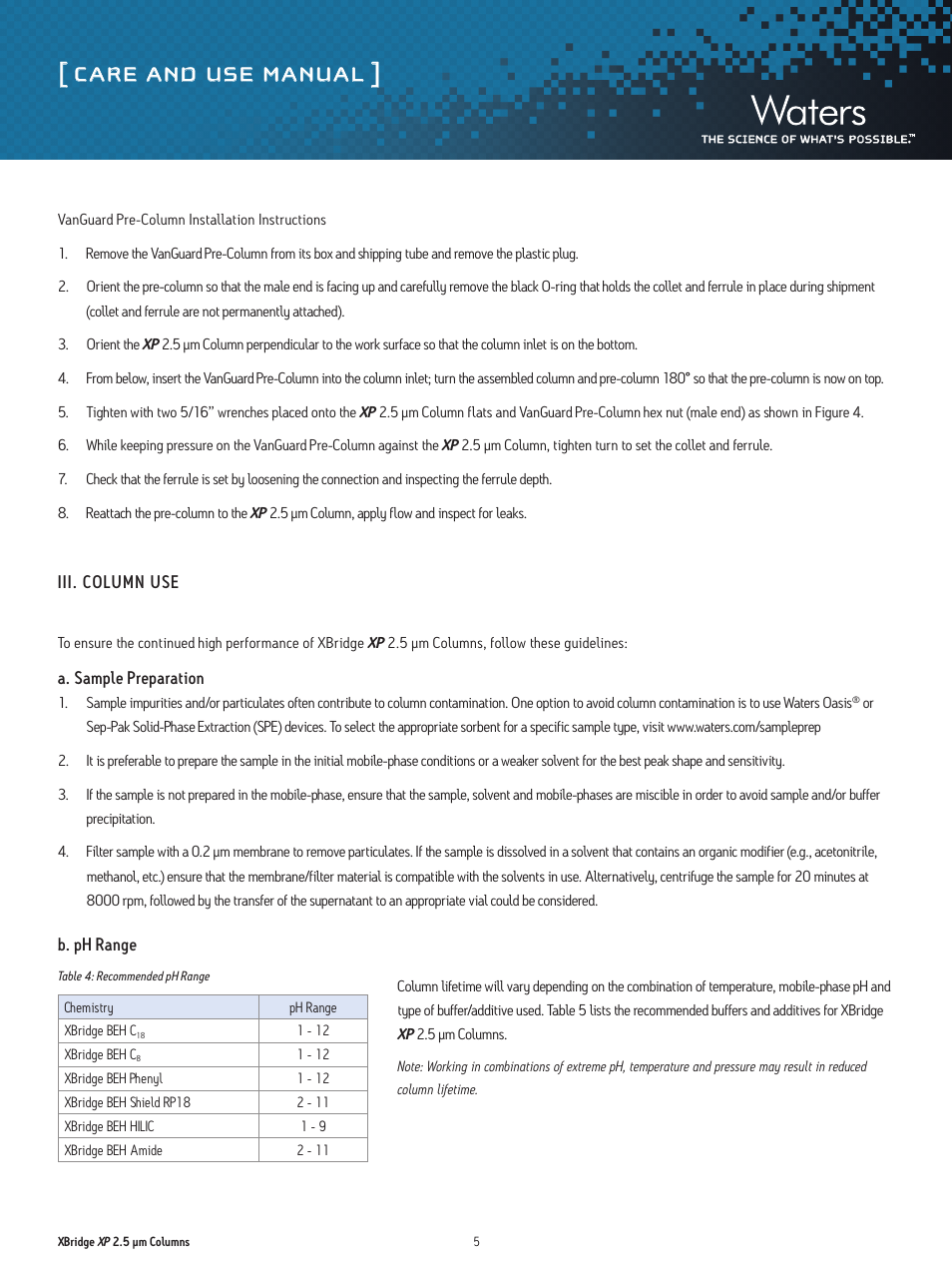 Care and use manual | Waters XBridge XP 2.5 µm Columns User Manual | Page 5 / 14