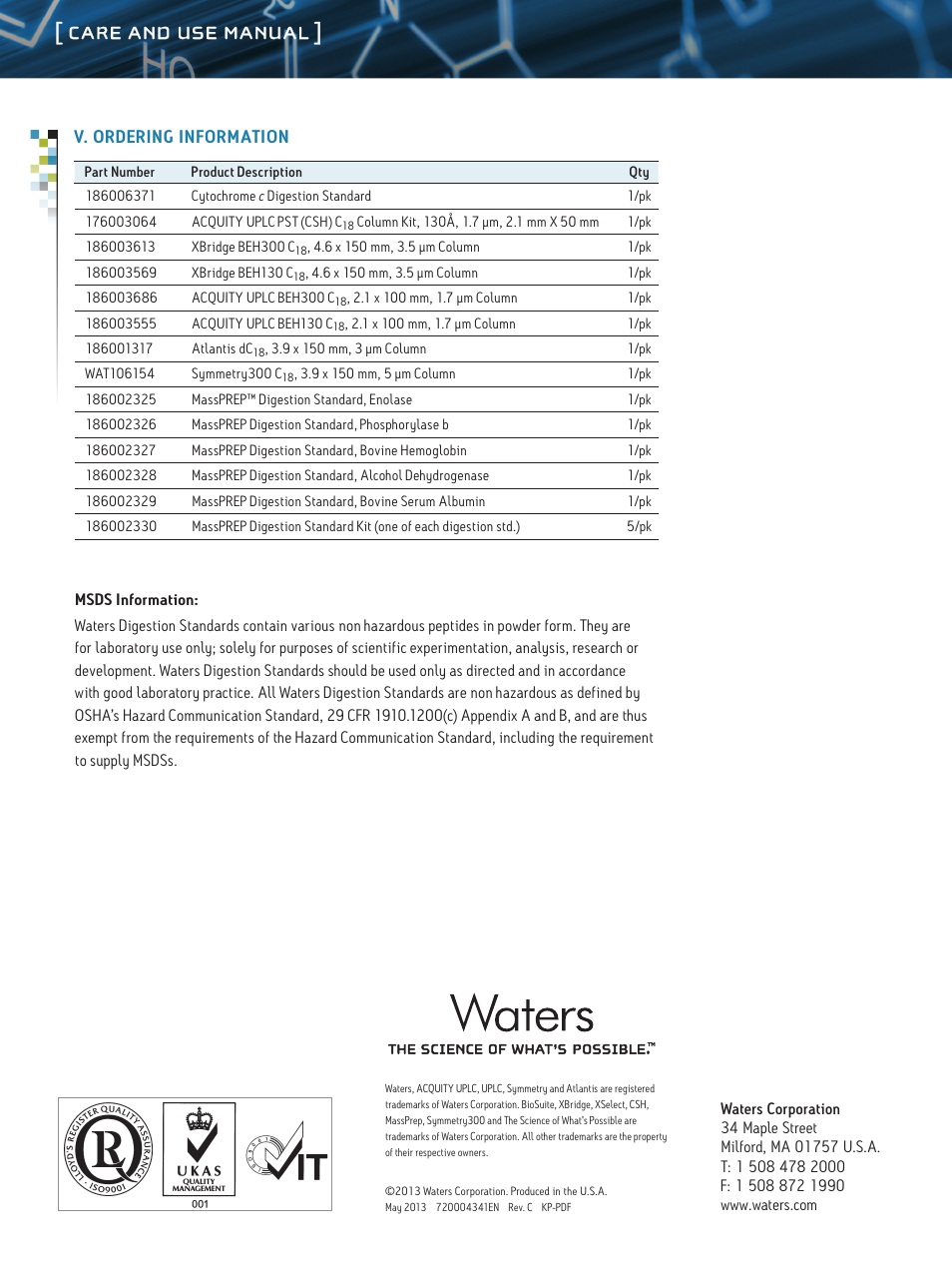 Care and use manual | Waters Cytochrome c Digestion Standard User Manual | Page 5 / 5