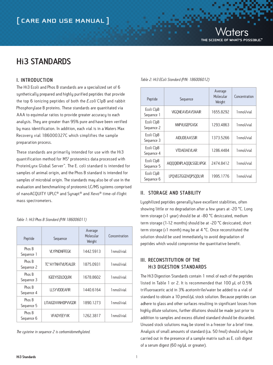 Waters Hi3 Standards User Manual | 4 pages
