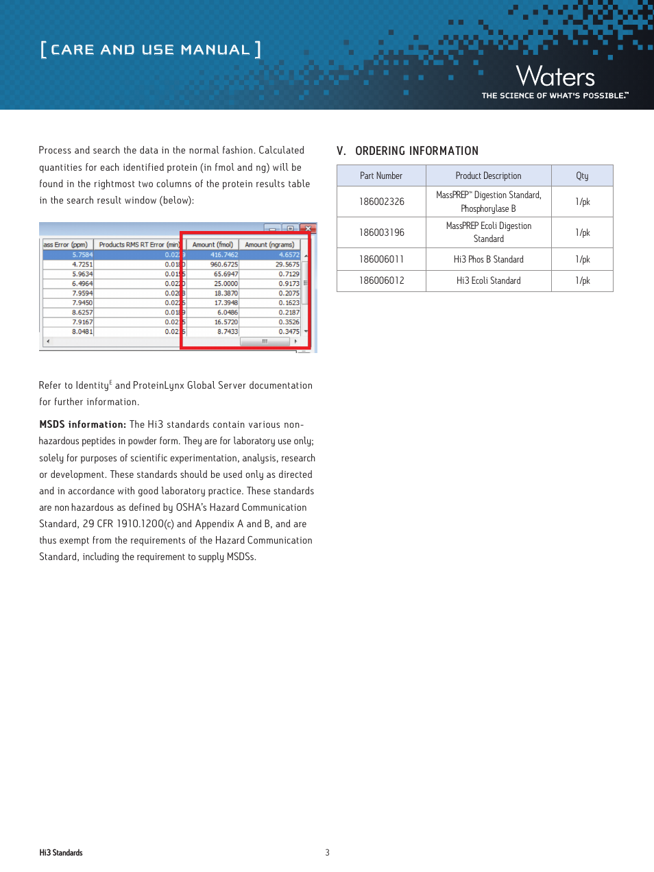 Care and use manual | Waters Hi3 Standards User Manual | Page 3 / 4