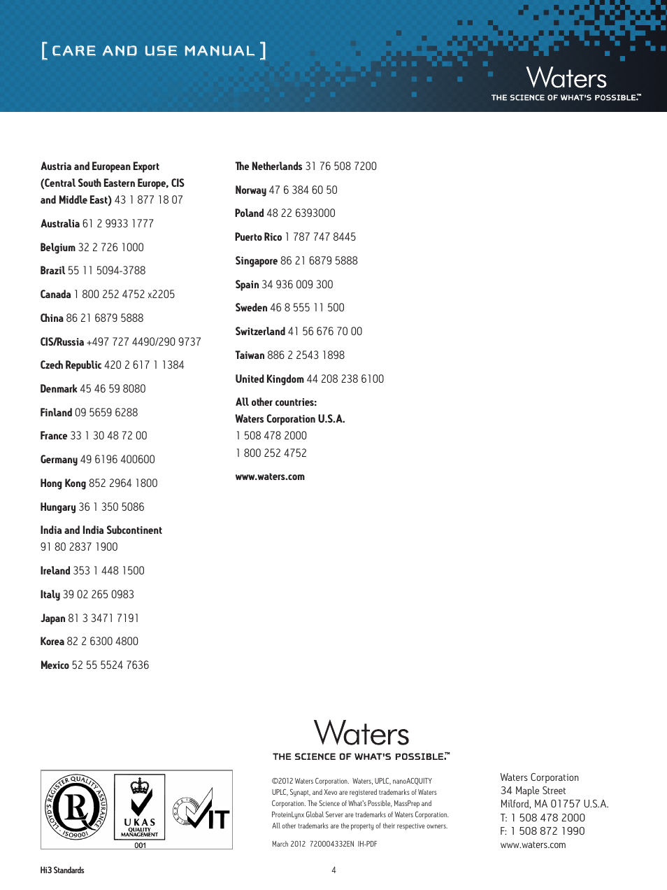 Care and use manual | Waters Hi3 Standards User Manual | Page 4 / 4