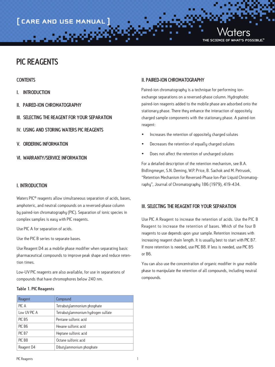 Waters PIC Reagents User Manual | 3 pages