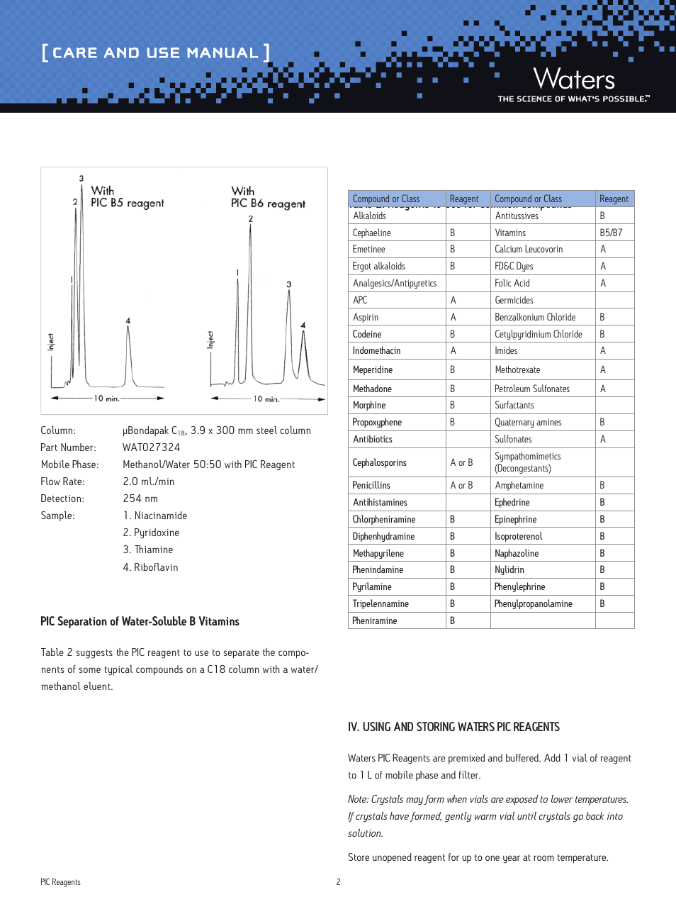 Care and use manual | Waters PIC Reagents User Manual | Page 2 / 3