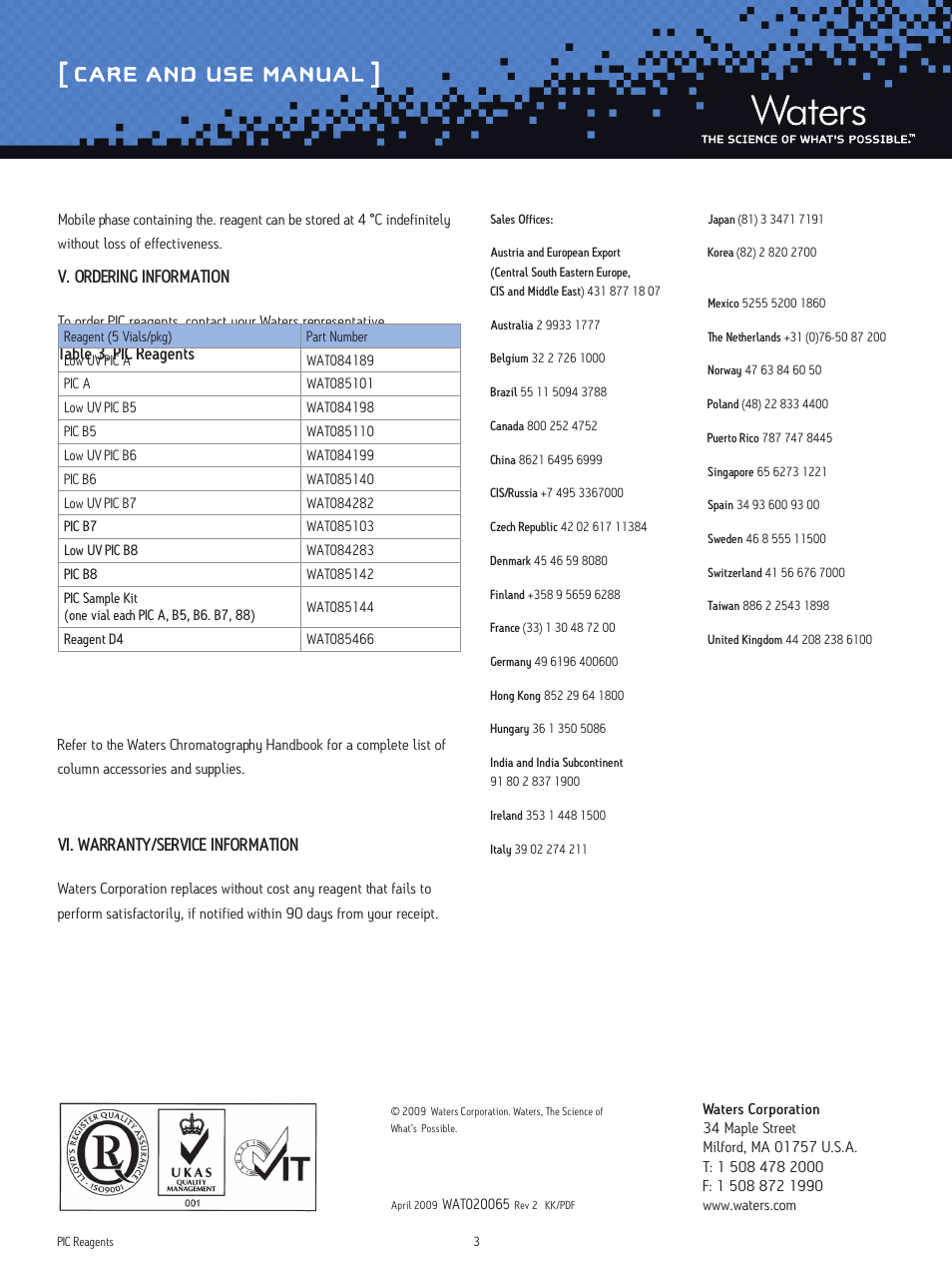 Care and use manual, V. ordering information, Table 3. pic reagents | Vi. warranty/service information | Waters PIC Reagents User Manual | Page 3 / 3