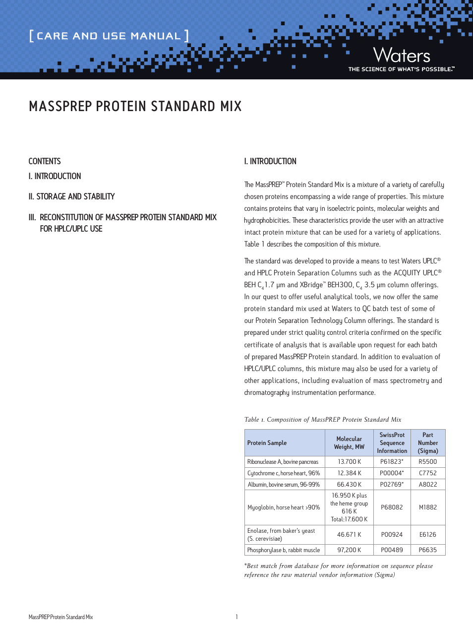 Waters MassPREP Protein Standard Mix User Manual | 3 pages