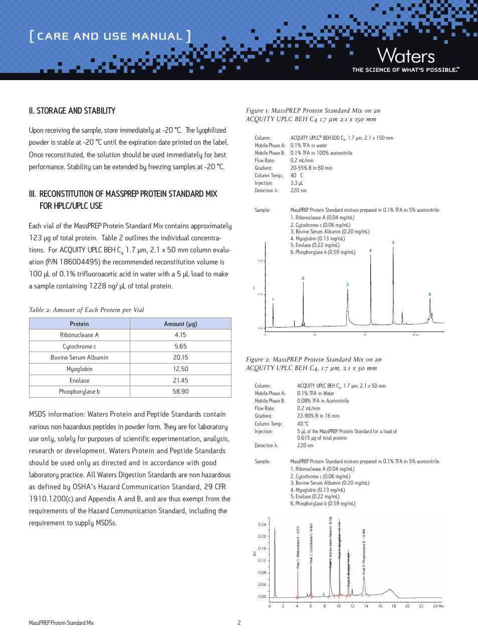 Care and use manual, Ii. storage and stability, Table 2: amount of each protein per vial | Waters MassPREP Protein Standard Mix User Manual | Page 2 / 3