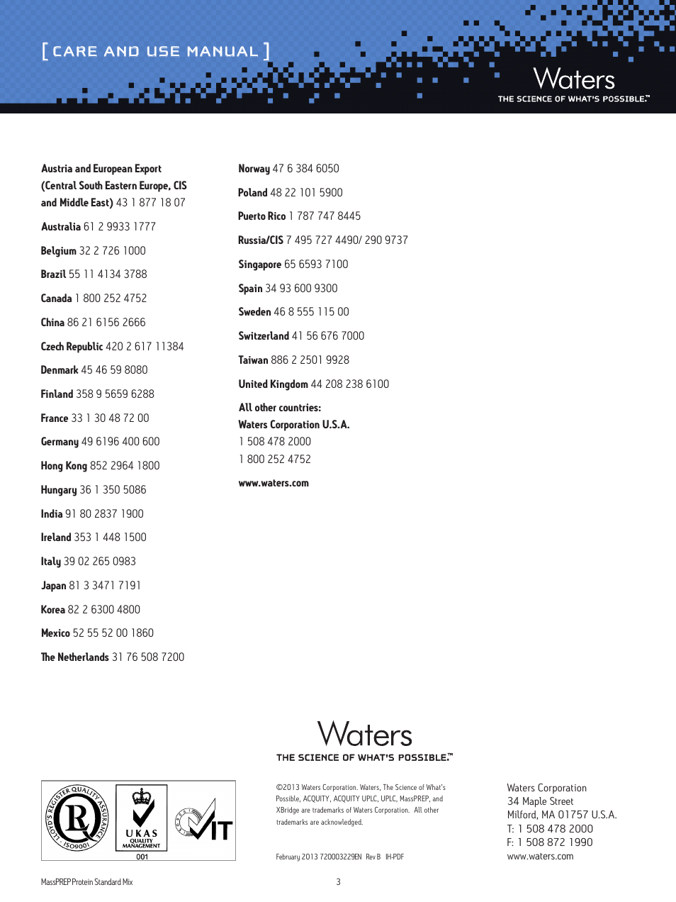 Care and use manual | Waters MassPREP Protein Standard Mix User Manual | Page 3 / 3