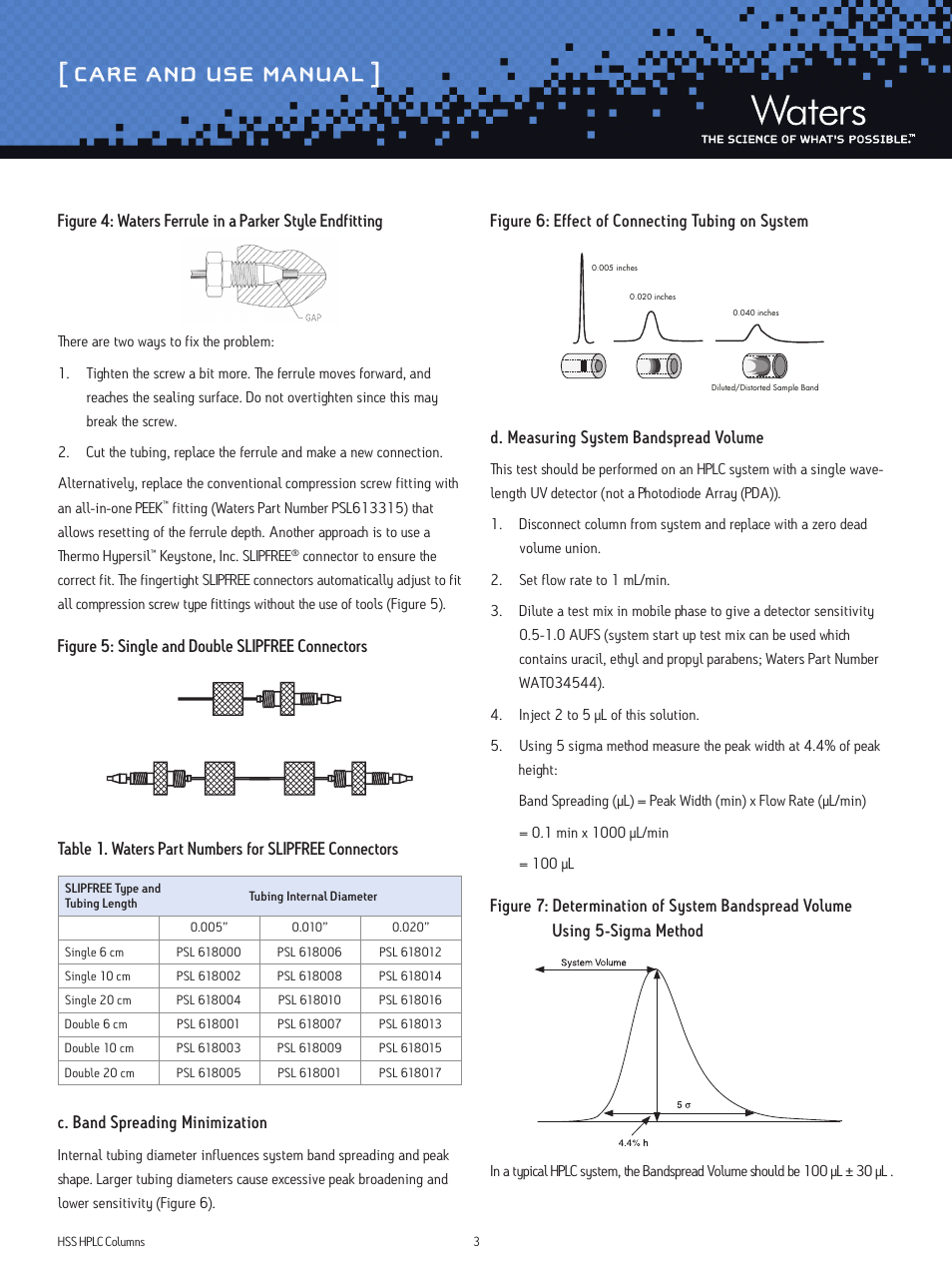 Care and use manual, C. band spreading minimization, Figure 6: effect of connecting tubing on system | D. measuring system bandspread volume | Waters High Strength Silica Columns User Manual | Page 3 / 8