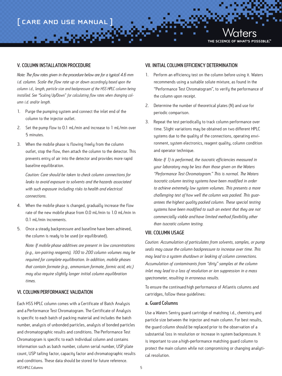 Care and use manual | Waters High Strength Silica Columns User Manual | Page 5 / 8