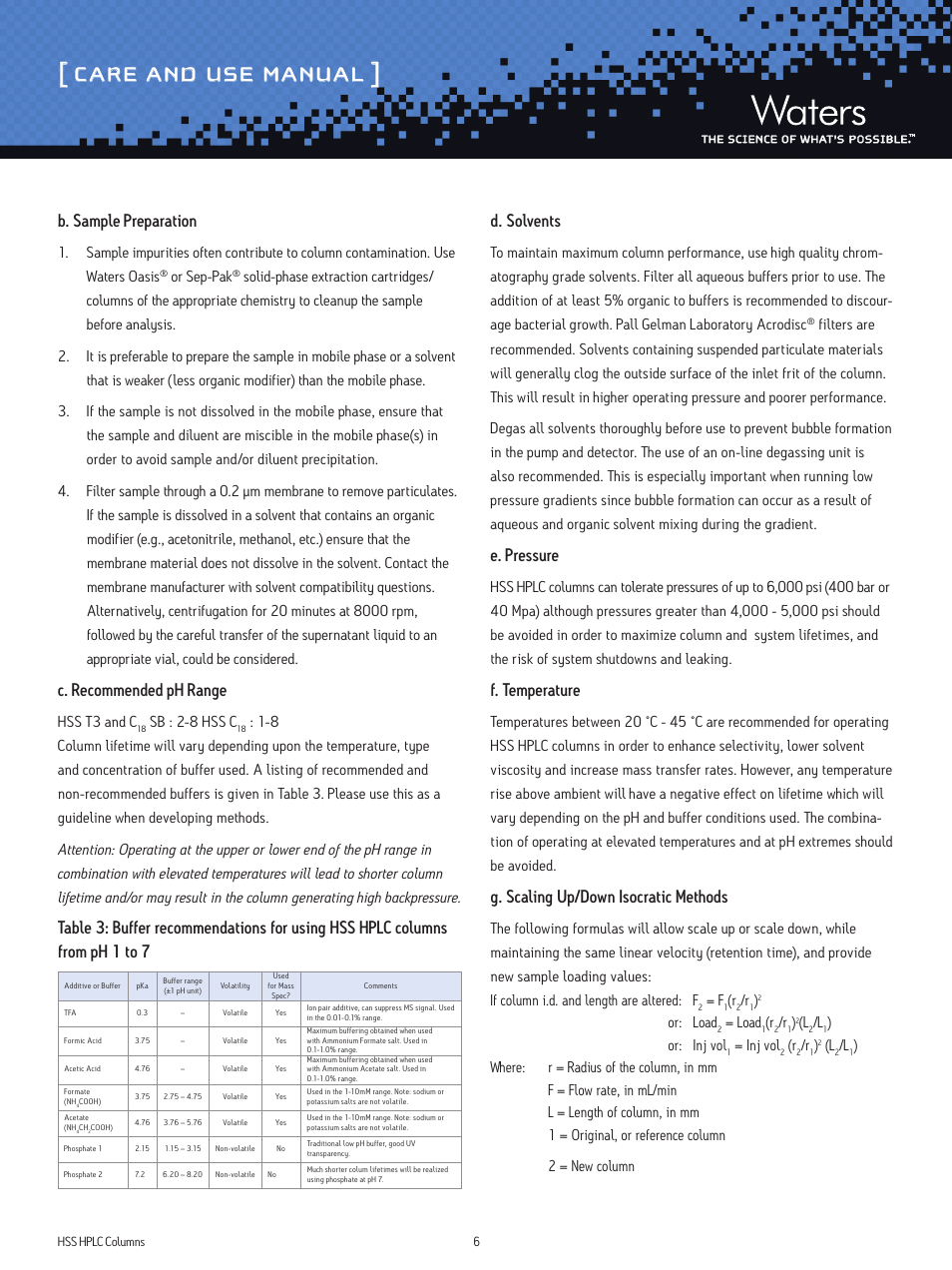 Care and use manual, B. sample preparation, C. recommended ph range | D. solvents, E. pressure, F. temperature, G. scaling up/down isocratic methods, Or sep-pak, Hss t3 and c, Sb : 2-8 hss c | Waters High Strength Silica Columns User Manual | Page 6 / 8