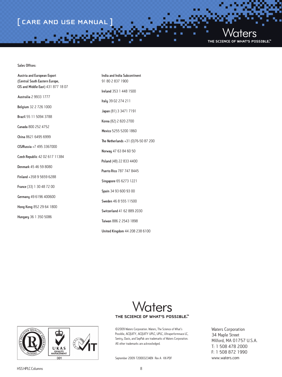 Care and use manual | Waters High Strength Silica Columns User Manual | Page 8 / 8