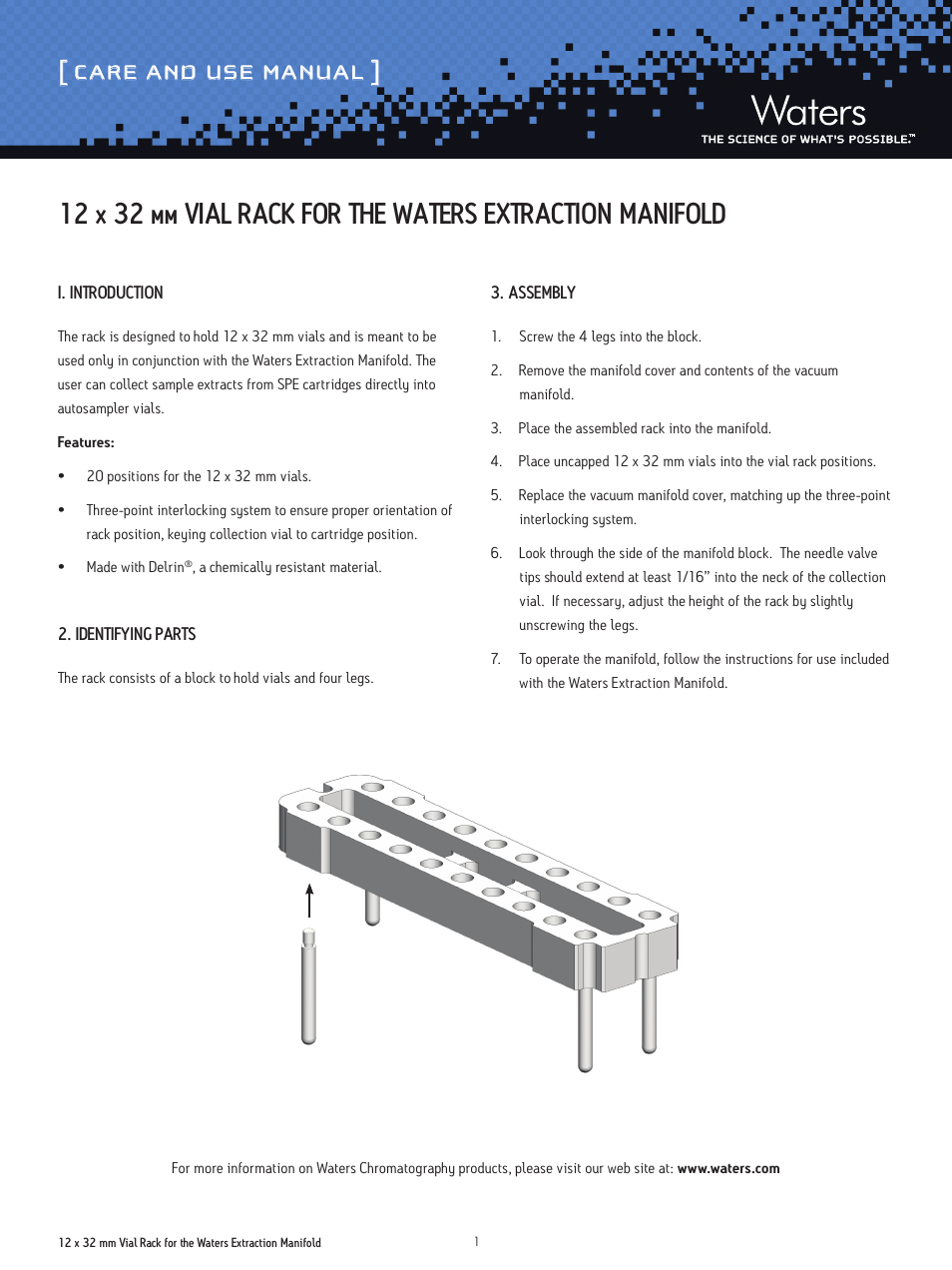 Waters 12 x 32mm Vial Rack for the Waters Extraction Manifold User Manual | 2 pages