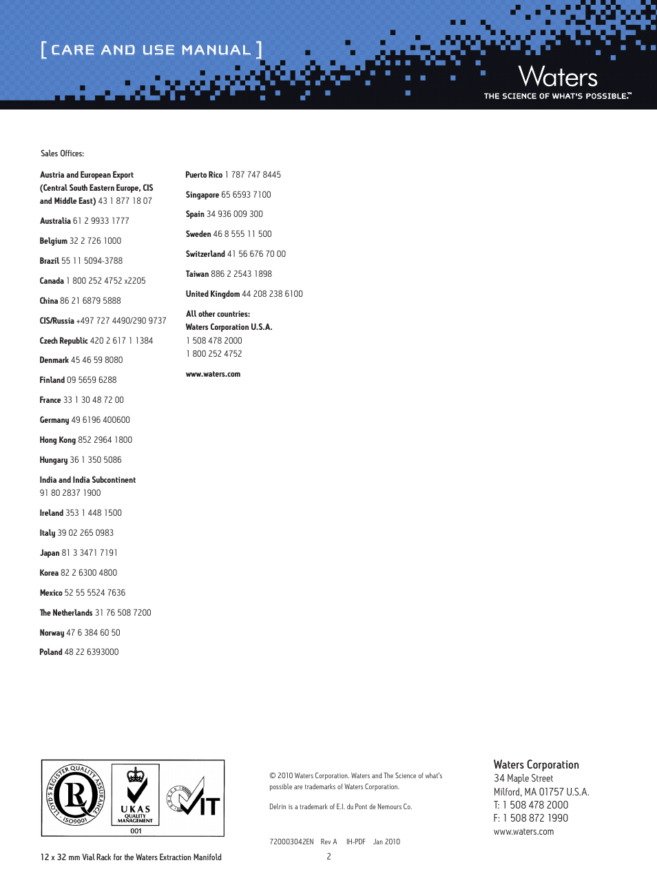 Care and use manual, Waters corporation | Waters 12 x 32mm Vial Rack for the Waters Extraction Manifold User Manual | Page 2 / 2
