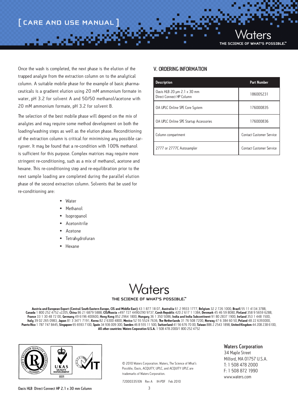 Care and use manual, Waters corporation, V. ordering information | Waters Oasis HLB Direct Connect HP 2.1 x 30 mm Column for Automated Sample Preparation with Waters UPLC with Online SPE Technology User Manual | Page 3 / 3