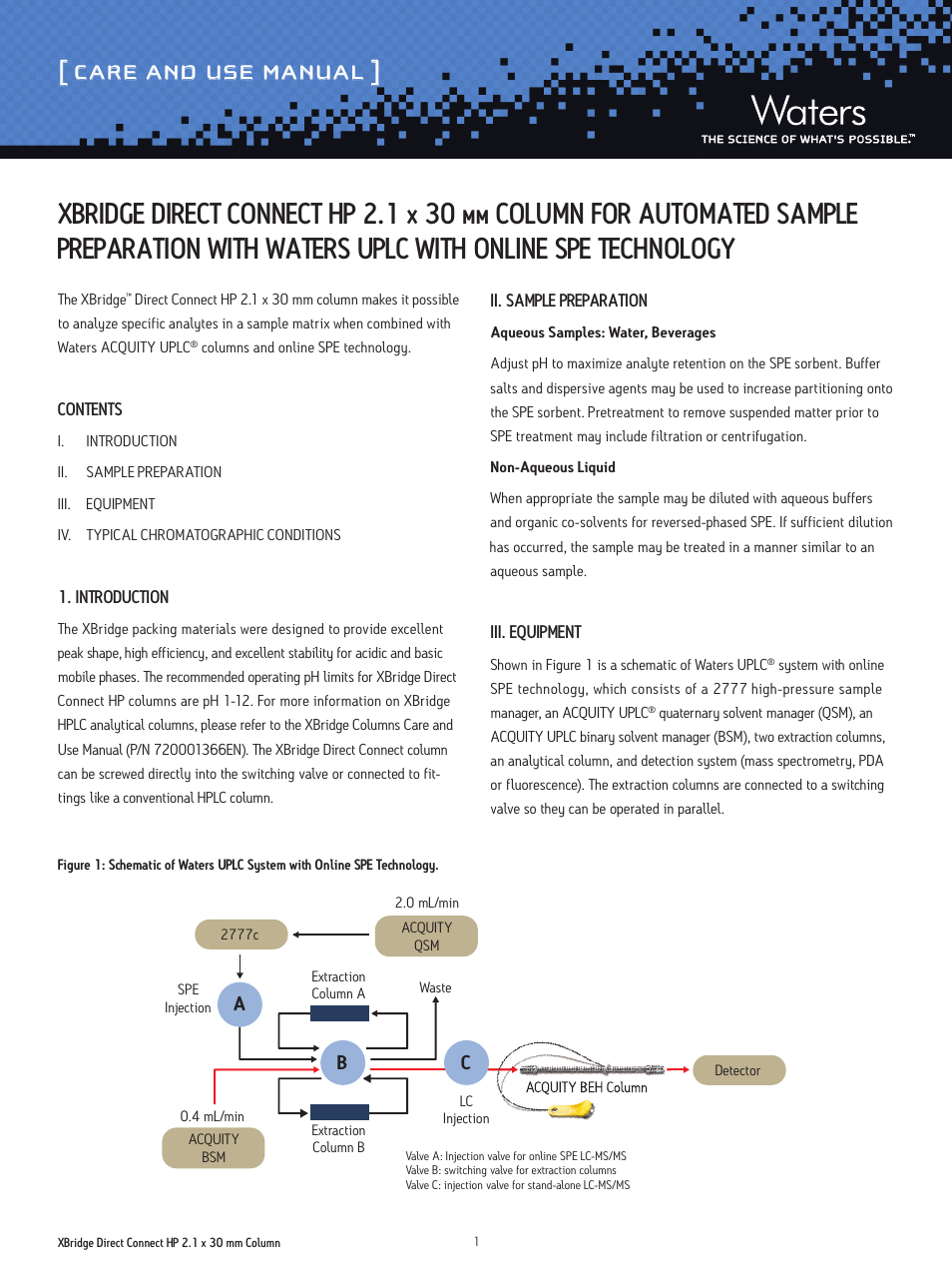 Waters XBridge Direct Connect HP 2.1 x 30 mm Column for Automated Sample Preparation with Waters UPLC with Online SPE Technology User Manual | 3 pages