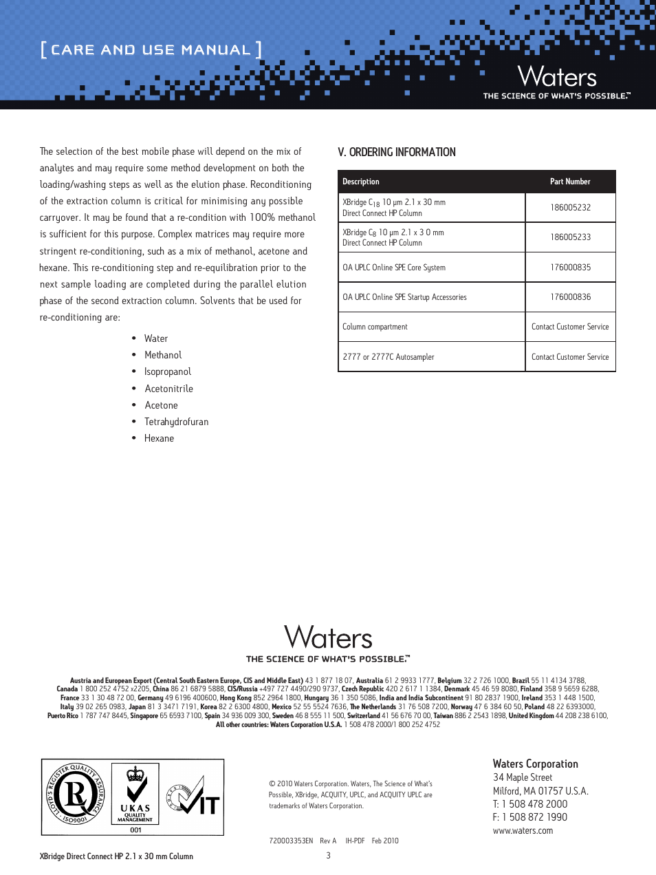 Care and use manual, Waters corporation, V. ordering information | Waters XBridge Direct Connect HP 2.1 x 30 mm Column for Automated Sample Preparation with Waters UPLC with Online SPE Technology User Manual | Page 3 / 3