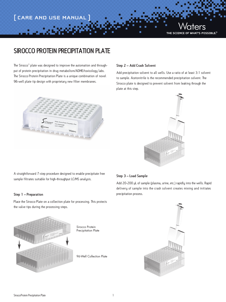 Waters Sirocco Protein Precipitation Plate User Manual | 3 pages