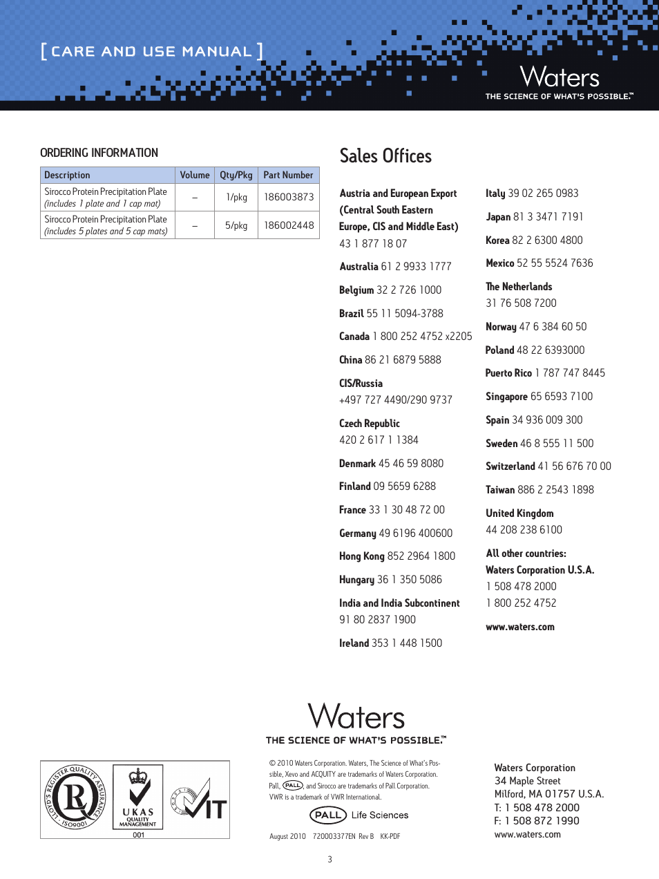 Care and use manual, Sales offices | Waters Sirocco Protein Precipitation Plate User Manual | Page 3 / 3