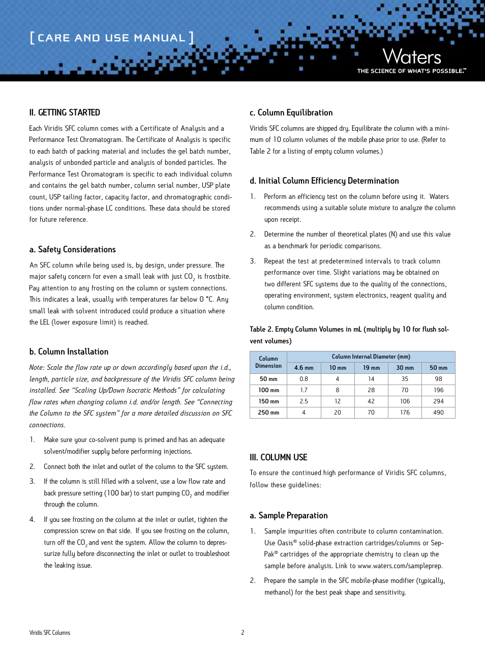 Care and use manual, Ii. getting started, A. safety considerations | B. column installation, C. column equilibration, D. initial column efficiency determination, Iii. column use, A. sample preparation | Waters Viridis SFC Columns User Manual | Page 2 / 6