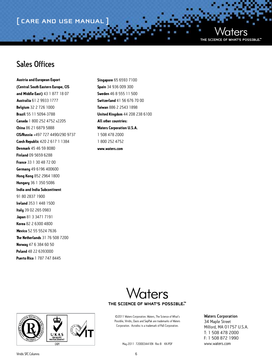 Care and use manual, Sales offices | Waters Viridis SFC Columns User Manual | Page 6 / 6