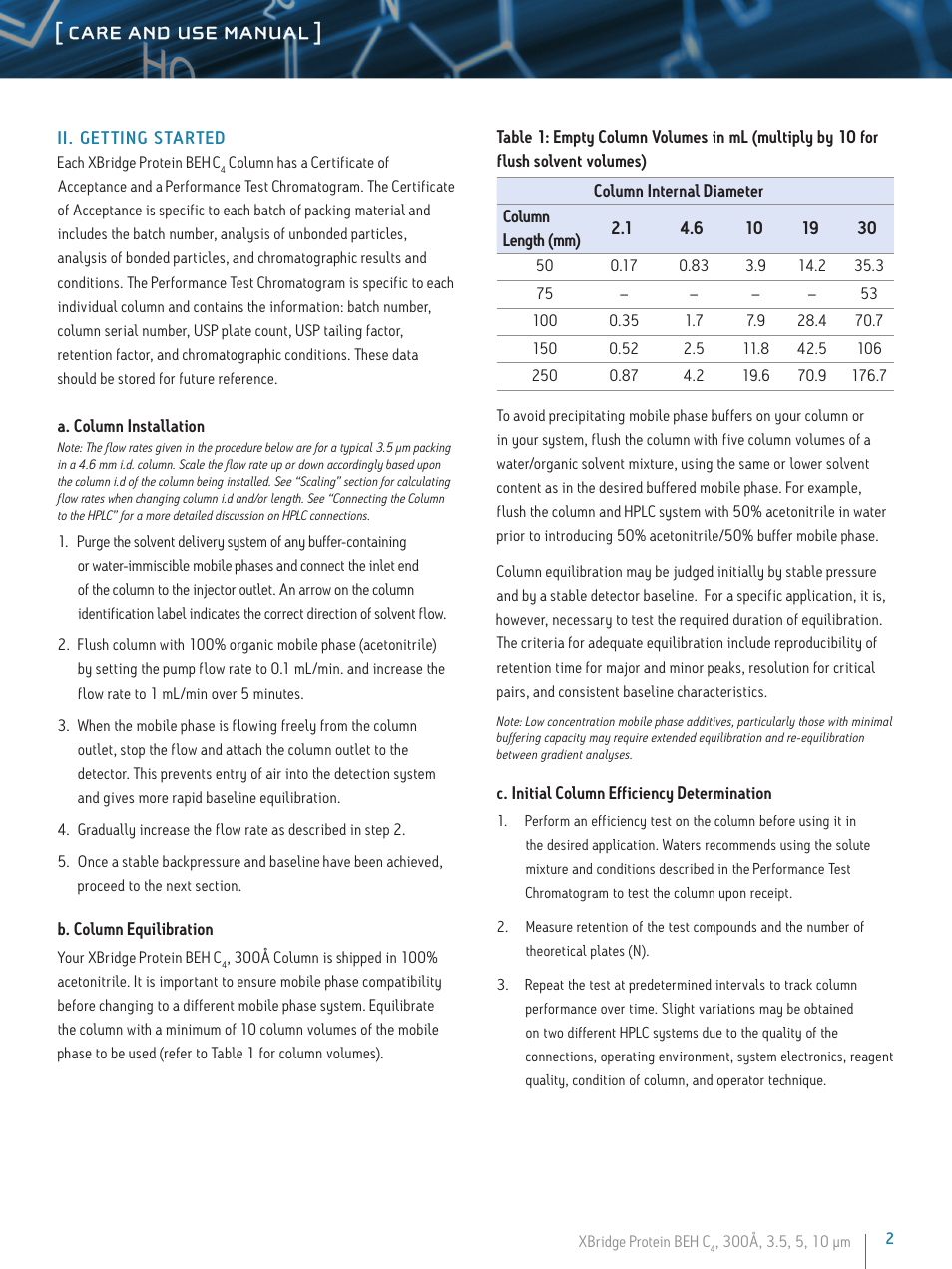 Care and use manual | Waters XBridge Protein BEH, C4, 300A, 3.5 µm Columns User Manual | Page 2 / 11