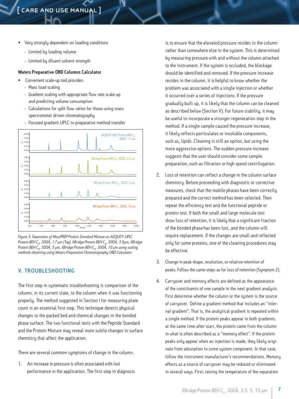 Care and use manual, V. t roubleshooting, Xbridge protein beh c | Waters preparative obd columns calculator | Waters XBridge Protein BEH, C4, 300A, 3.5 µm Columns User Manual | Page 7 / 11