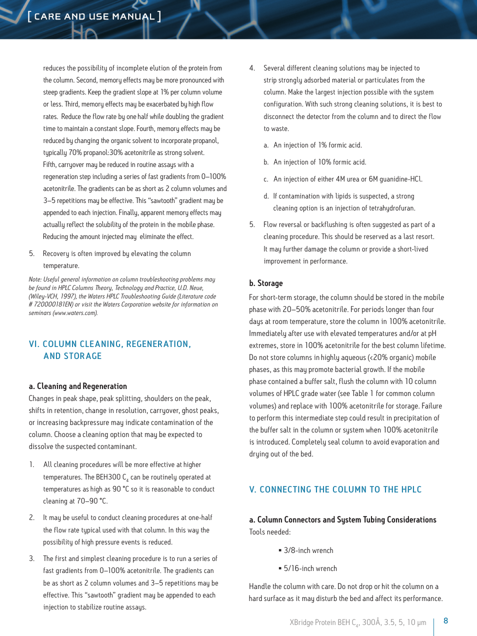 Care and use manual | Waters XBridge Protein BEH, C4, 300A, 3.5 µm Columns User Manual | Page 8 / 11