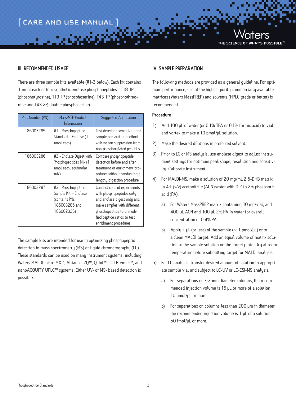 Care and use manual | Waters MassPREP Phosphopeptide Standards User Manual | Page 2 / 4