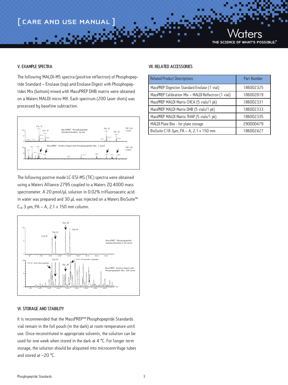 Care and use manual, Phosphopeptide standards 3 | Waters MassPREP Phosphopeptide Standards User Manual | Page 3 / 4