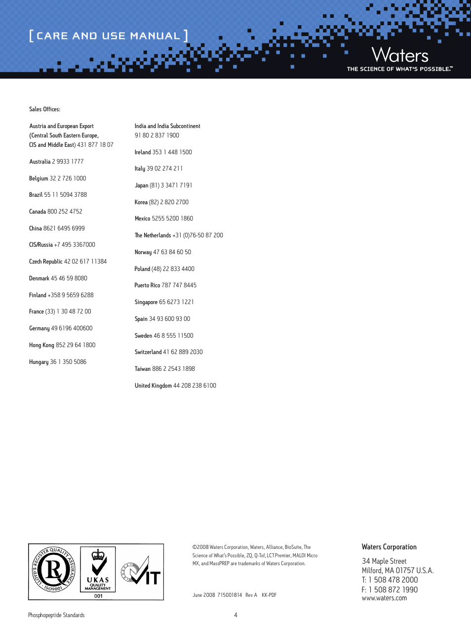 Care and use manual | Waters MassPREP Phosphopeptide Standards User Manual | Page 4 / 4