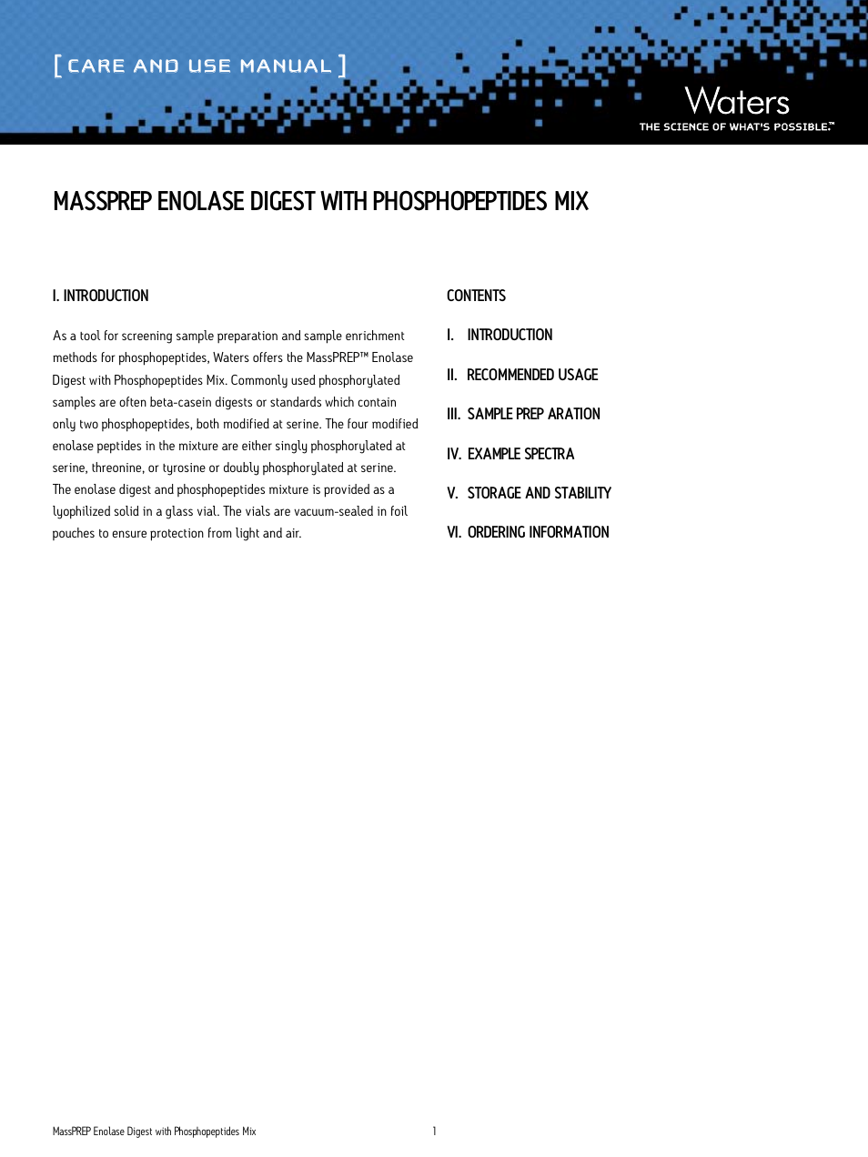 Waters MassPREP Enolase Digest with Phosphopeptides Mix User Manual | 4 pages