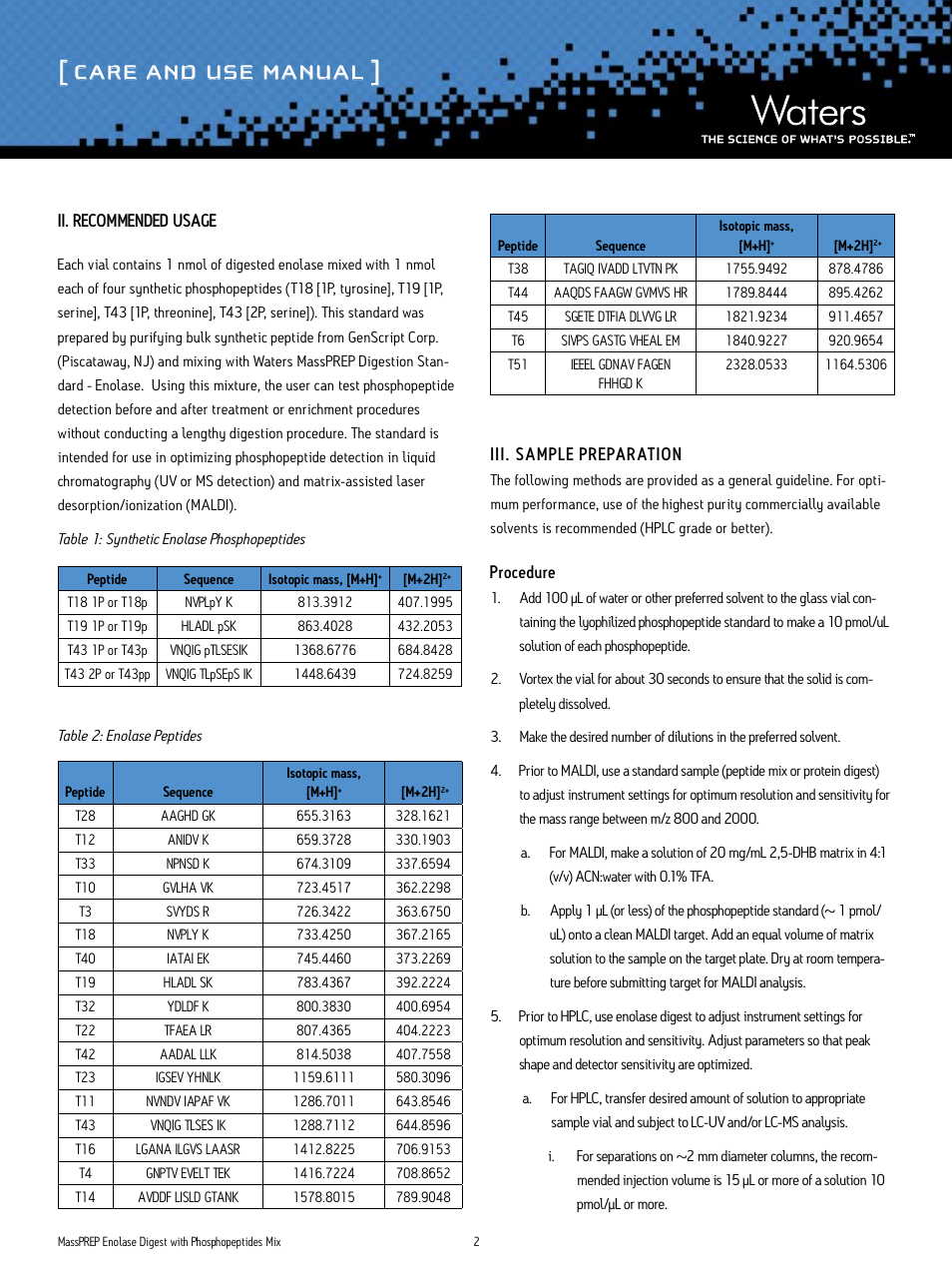 Care and use manual | Waters MassPREP Enolase Digest with Phosphopeptides Mix User Manual | Page 2 / 4