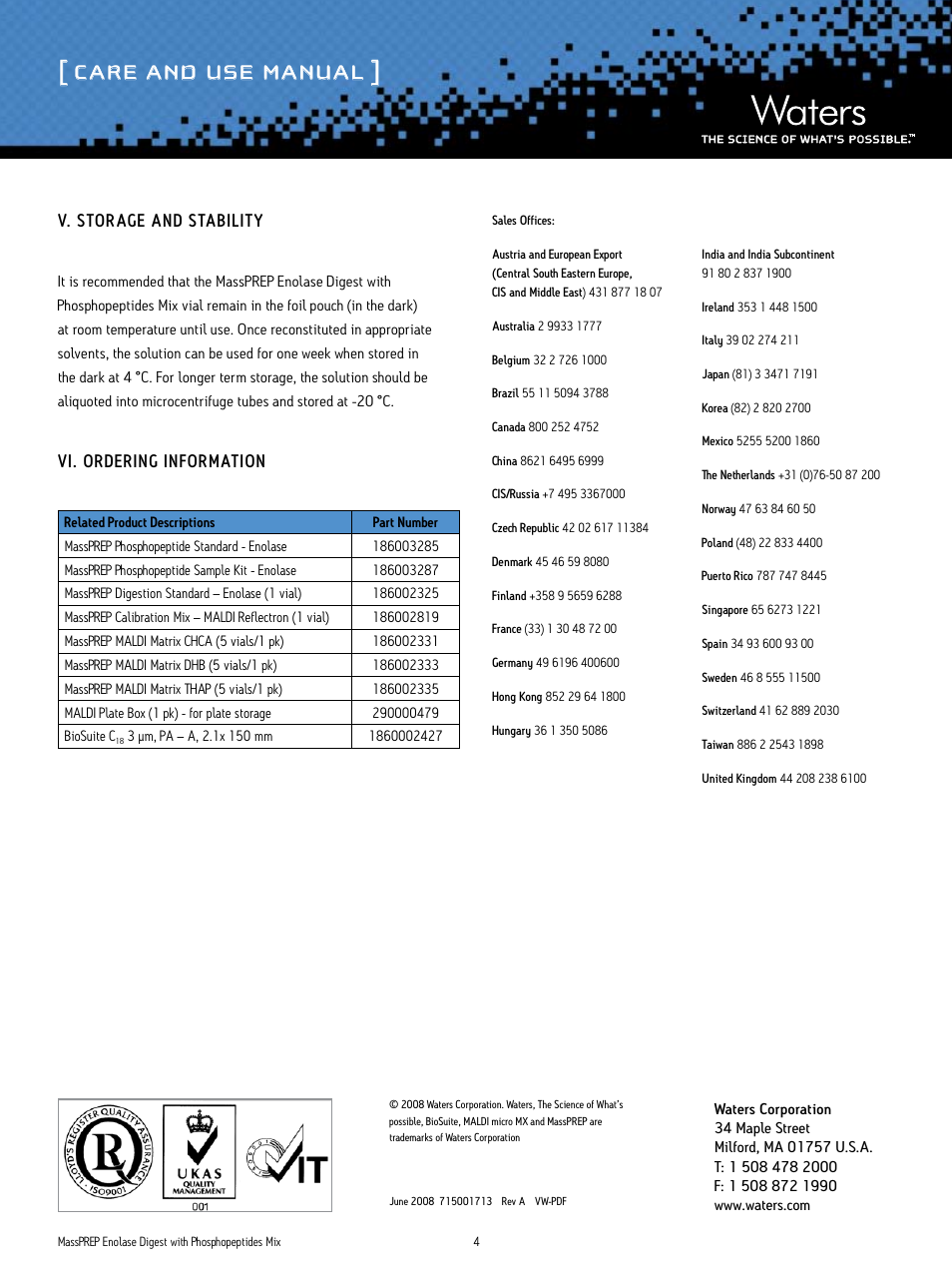 Care and use manual, V. storage and stabilit y, Vi. ordering information | Waters MassPREP Enolase Digest with Phosphopeptides Mix User Manual | Page 4 / 4